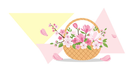 Obraz premium Charming basket filled with spring blossoms against a geometric backdrop creating a delicate and cheerful spring scene