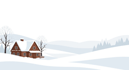 Charming cabin nestled in a serene winter landscape with snowy mountains and trees providing a tranquil scene