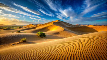 Golden desert dunes under a vast blue sky with wispy clouds sand dunes golden hour