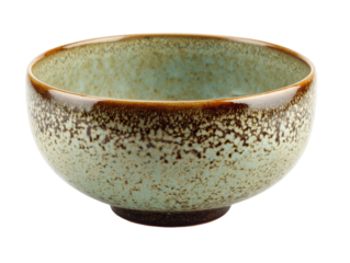 Handmade ceramic bowl with a rustic speckled green and brown reactive glaze.