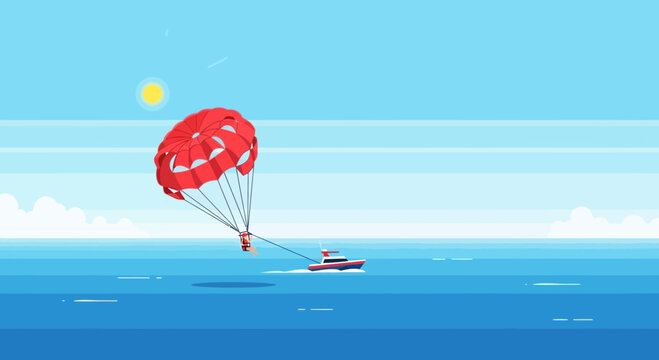 A vibrant parasailing adventure over the blue sea with the sun shining above the horizon