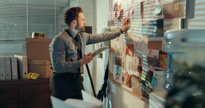 Investigation, tablet and mind map with man in office for police records, evidence board and night. Crime detective, criminal database and case links with person in precinct for murder clues deadline