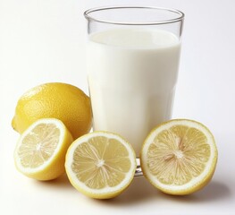 Glass of Milk with Lemons Composition of Glass, Fruit and Beverage, White Background, Refreshing Drink, Dairy, Citrus. Keywords Milk, Lemon
