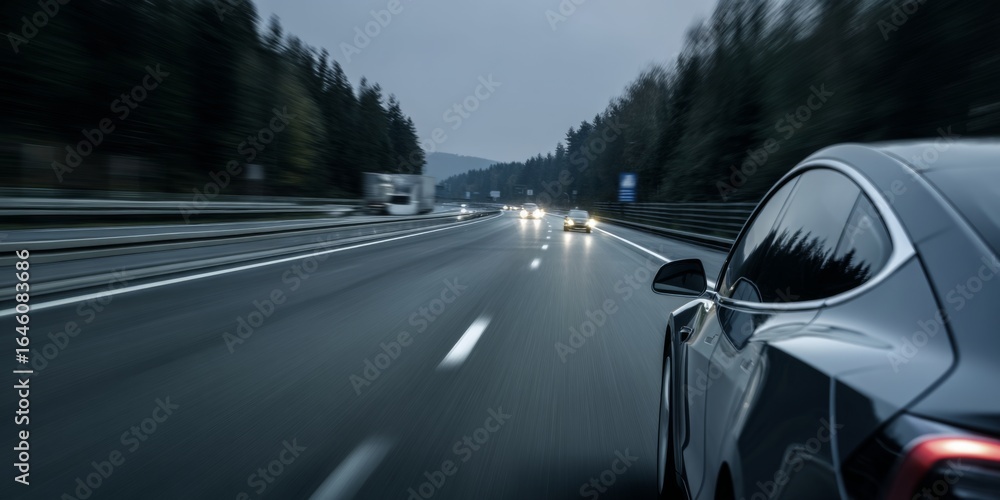 Poster dynamic motion of a luxury car on a highway at twilight, capturing speed and adventure with blurred 
