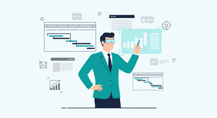 Businessman using augmented reality glasses for project management visualization and task scheduling