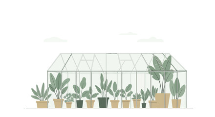 Obraz premium Charming greenhouse illustration showcases lush potted plants against a bright backdrop