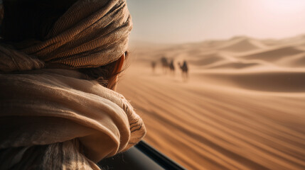 Minimalist desert highway cutting through vast golden sand dunes of the Sahara, soft afternoon light, a few distant camel silhouettes, seen from inside a car with wind gently moving a scarf, warm beig