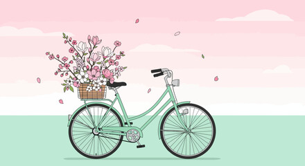 Naklejka premium Charming Illustration of a Bicycle Adorned with Flowers Against a Pastel Sky Backdrop
