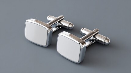 Shiny silver cufflinks arranged on a gray surface, reflecting light, for formal wear, fashion accessory