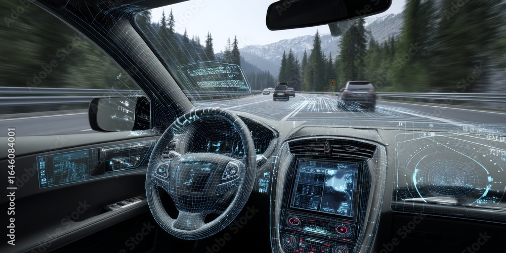 Poster futuristic car interior with digital dashboard and augmented reality display on highway surrounded b