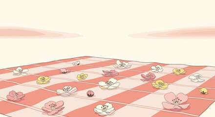 Aesthetic Springtime Blossom Meadow On Gingham Blanket Vector Background