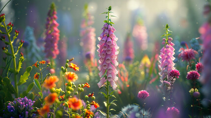 A foxglove tower above a fairy garden