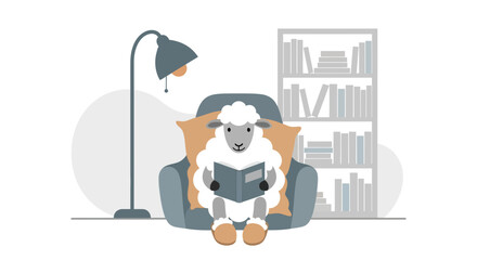 Charming illustration of a sheep engrossed in reading a book in a cozy room setup