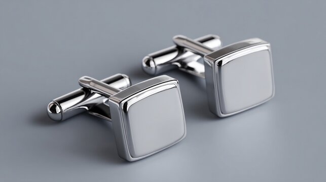Shiny silver cufflinks resting on a gray surface, ready for accessorizing formal wear