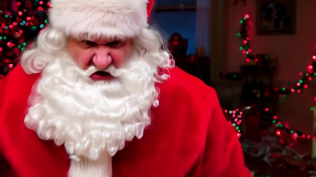 Furious Santa Claus paces erratically. Twinkling Christmas lights and ornaments on tree. Unhinged Santa disrupts festive decor. His contorted face pervert holiday cheer into something sinister.