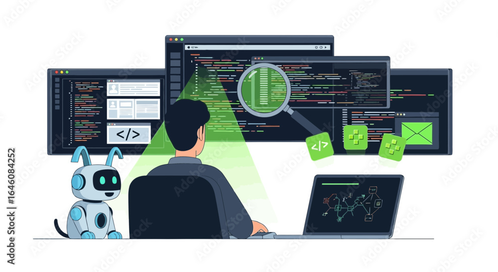 Wall mural cartoon illustration depicting a software developer coding with his robot assistant