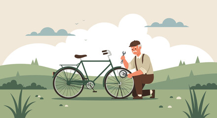 Obraz premium An elderly man repairs a bicycle in nature with clouds and trees in the background displaying a nostalgic and peaceful scene