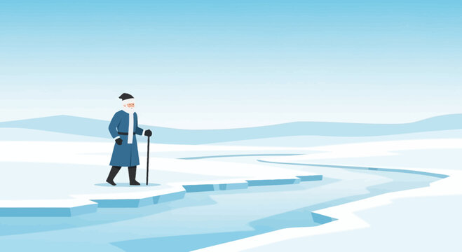 An elderly man walks with a cane across a frozen landscape illustration minimal style design isolated on white background