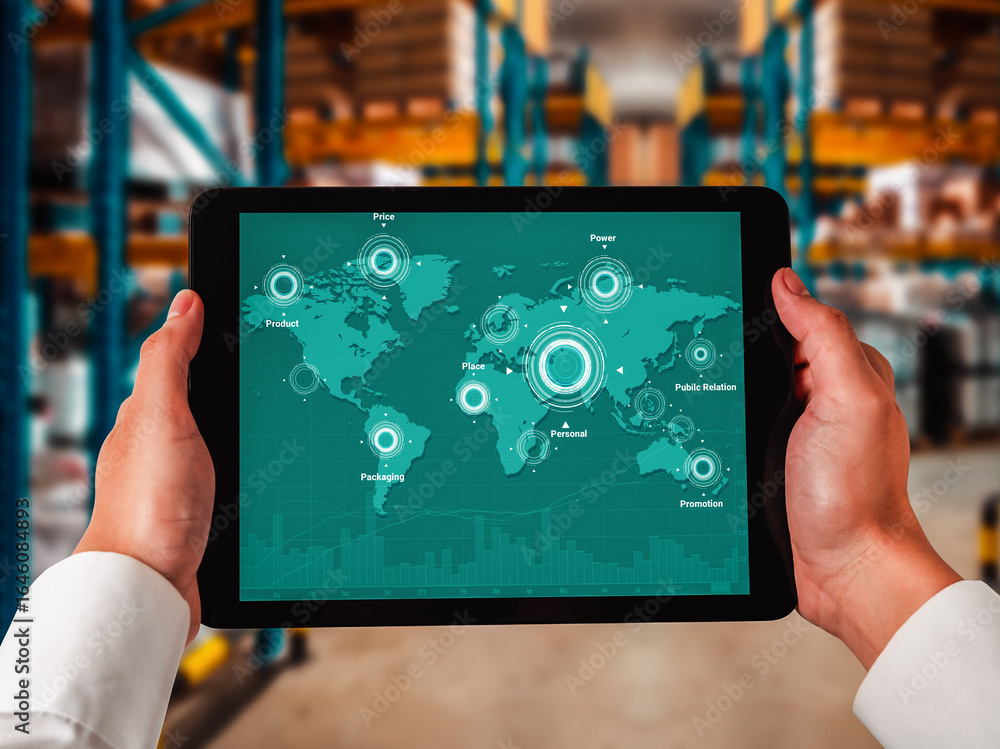 Poster warehouse management innovative software in computer for real time monitoring of goods package deliv