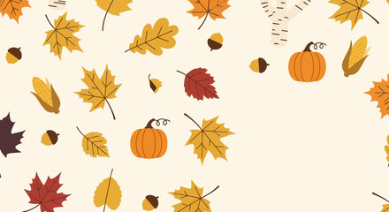 Obraz premium Autumn background with pumpkins leaves acorns and corn for thanksgiving day celebrations autumnal season harvest or fall concept greeting