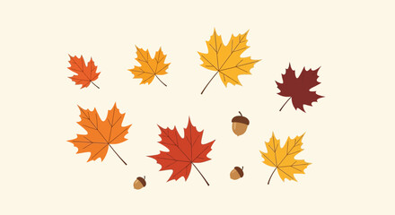 Autumn Delight: Colorful Maple Leaves and Acorns on a Cream Background minimal flat design
