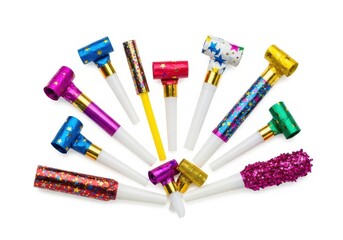 Collection of colorful party blowers isolated on white background