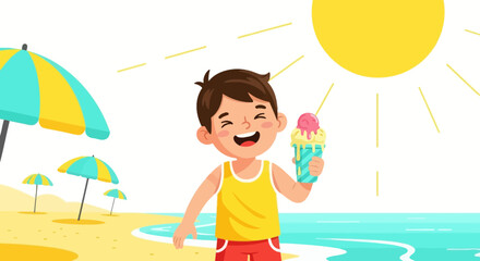 Cartoon of a boy on the beach enjoying an ice cream during a sunny summer day vacation perfect for a child's illustration