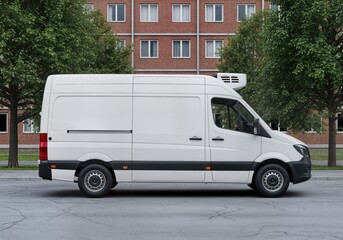 Delivery Van mockup, side view of blank white vintage van mock-up. Advertisement Van on street. Empty van template. Display mockup for advertisement, promotion, advertising, delivery