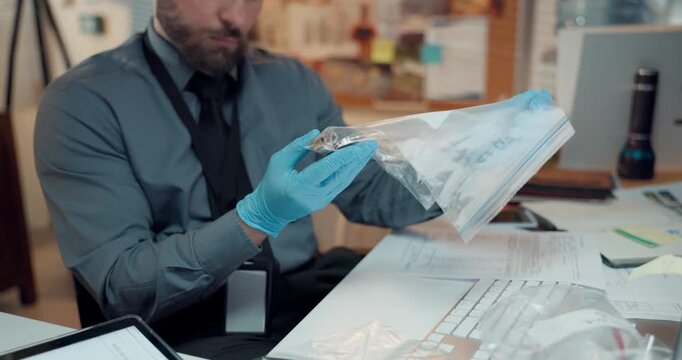 Man, officer and night with evidence for crime scene, private investigation or murder case. Male person, investigator and gloves with victim watch for police research, lead or suspect in workplace