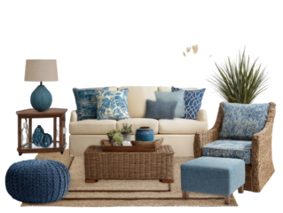 Cozy coastal living room furniture with a cream sofa wicker armchair blue patterned cushions and a natural fiber rug.