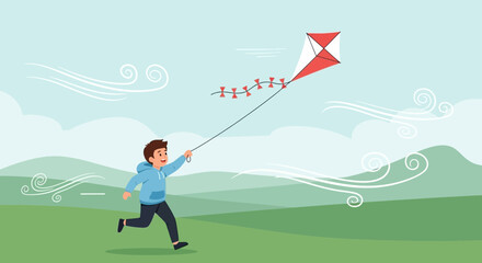 Cheerful boy running with kite on wind day, symbolizes joy and outdoor activity in nature