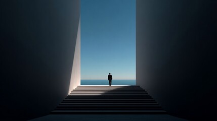 Silhouette man walks up stairs to ocean view, between walls, with bright sky, used for concepts