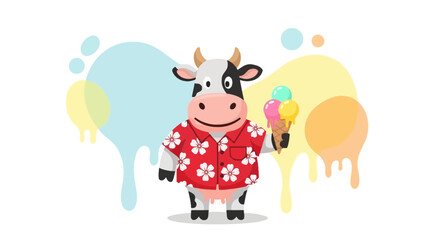 Fototapeta premium Cheerful cartoon cow enjoying ice cream and wearing a floral shirt on summer vacation
