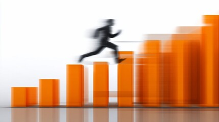 Silhouette of a person running up ascending orange bars, white backdrop, representing growth
