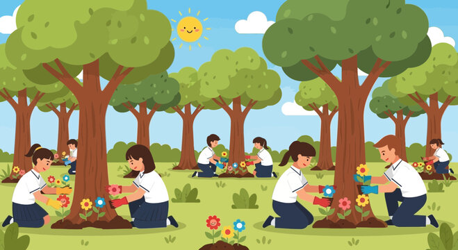 Cartoon People Planting Flowers Around Trees in a Park Volunteering Concept