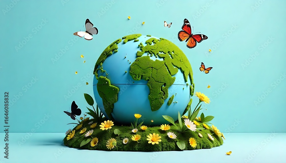 Wall mural a green and blue earth globe surrounded by various plants and flowers, eco-friendly planet earth sto