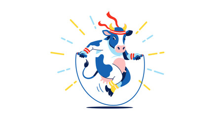 Obraz premium Cheerful Cow Engaged in a Playful Workout with a Vibrant Jumping Rope