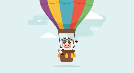 Obraz premium Cheerful Cow Enjoying a Colorful Hot Air Balloon Adventure in the Sky