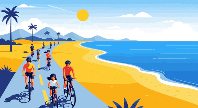 Cheerful Coastal Cycling Adventure Family Riding Bicycles Near Ocean on a Sunny Day