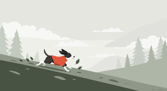 Cheerful dog in a red jacket enjoys a run in a scenic mountain landscape illustration - Powered by Adobe