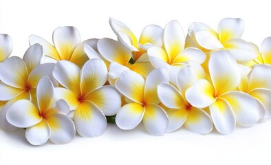Fototapeta premium Plumeria Blossom Composition Close-up of White and Yellow Flowers, Tropical Floral Arrangement, Spa Background Plumeria, Frangipani