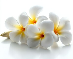 Fototapeta premium Plumeria Trio Close-up, White Flowers, Soft Lighting, Tropical Bloom, Plumeria Alba Plumeria, Tropical Flowers