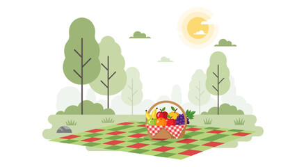 Fototapeta premium Cheerful Picnic Scene With A Basket Of Fruit In A Green Meadow