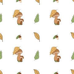 Seamless pattern with mushrooms and leaves