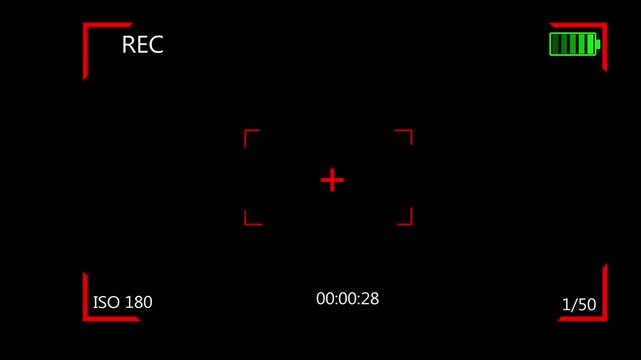 Cinematic camcorder, recorder.  Camera viewfinder display overplay on black background. Recording concept with timecode.
