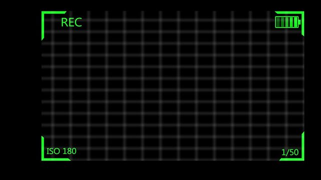 Cinematic camcorder, recorder.  Camera viewfinder display overplay on black grid background. Recording concept with timecode.