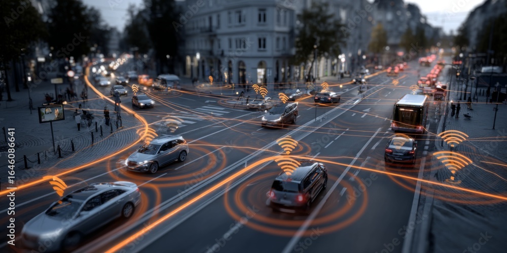 Poster futuristic city intersection with smart traffic signals and connected vehicles using communication t