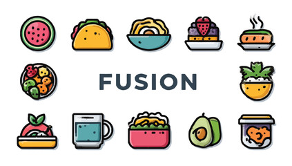 Diverse Food Icons Representing Fusion Cuisine A Colorful Selection of Culinary Dishes and Ingredients from Around the World Vector Illustration