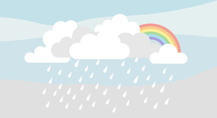 Cheerful weather scene with clouds rain and rainbow creating a peaceful and happy atmosphere