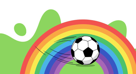 Obraz premium Cartoon soccer ball flying through a rainbow with green field background illustration